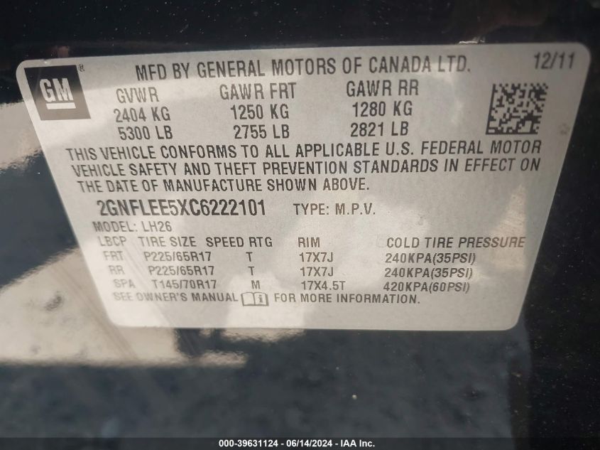 2012 Chevrolet Equinox 1Lt VIN: 2GNFLEE5XC6222101 Lot: 39631124