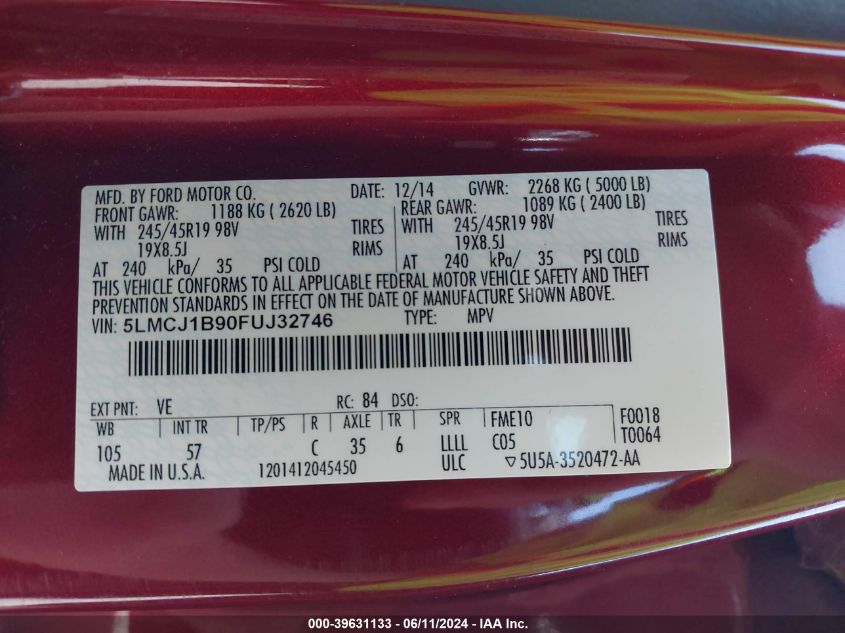 2015 Lincoln Mkc Black Label VIN: 5LMCJ1B90FUJ32746 Lot: 39631133