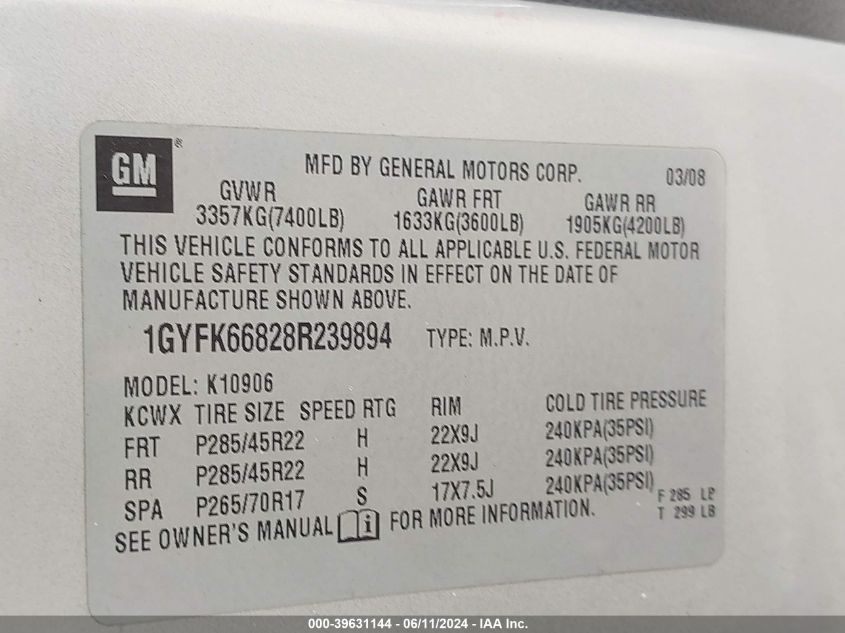 2008 Cadillac Escalade Esv Standard VIN: 1GYFK66828R239894 Lot: 39631144