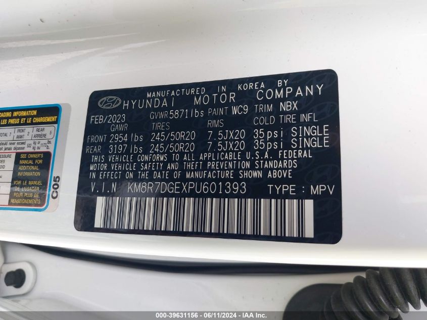 2023 Hyundai Palisade Calligraphy VIN: KM8R7DGEXPU601393 Lot: 39631156