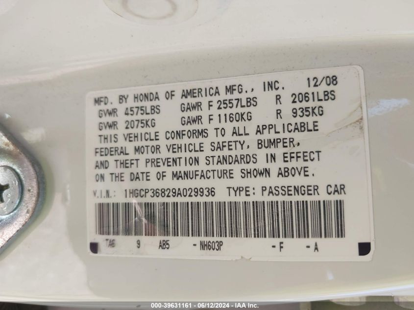 2009 Honda Accord 3.5 Ex-L VIN: 1HGCP36829A029936 Lot: 39631161