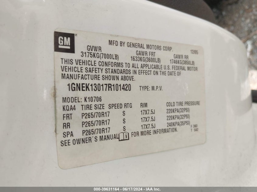 2007 Chevrolet Tahoe Lt VIN: 1GNEK13017R101420 Lot: 39631164