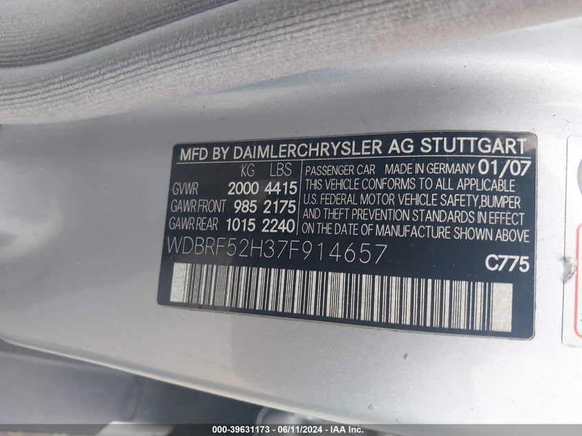 2007 Mercedes-Benz C 230 Sport VIN: WDBRF52H37F914657 Lot: 39631173