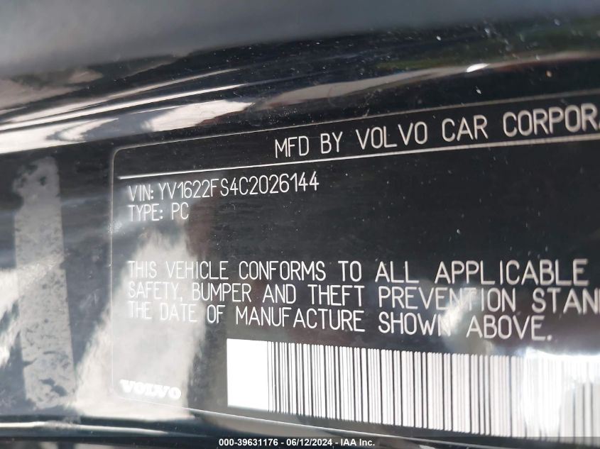 2012 Volvo S60 T5 VIN: YV1622FS4C2026144 Lot: 39631176