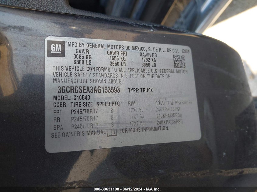 2010 Chevrolet Silverado 1500 Lt VIN: 3GCRCSEA3AG153593 Lot: 39631198