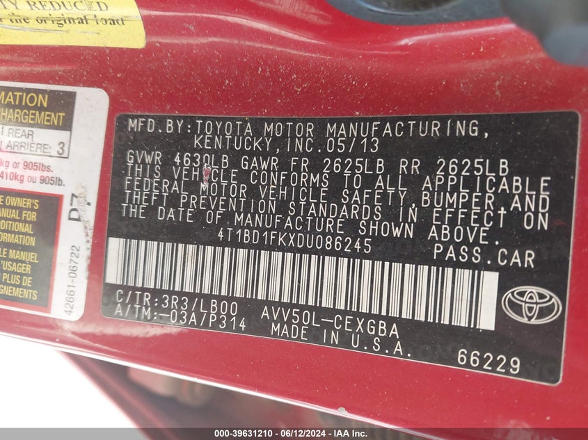 2013 Toyota Camry Hybrid Xle VIN: 4T1BD1FKXDU086245 Lot: 39631210