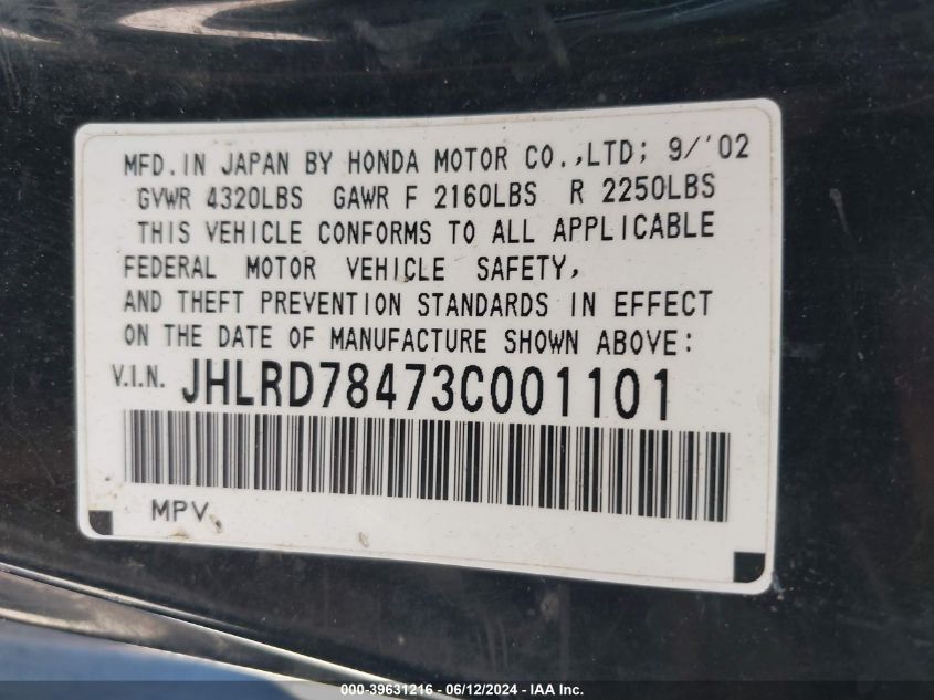 2003 Honda Cr-V Lx VIN: JHLRD78473C001101 Lot: 39631216