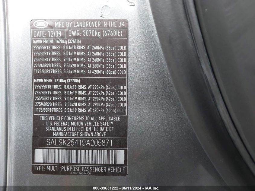 2009 Land Rover Range Rover Sport Hse VIN: SALSK25419A205871 Lot: 39631222