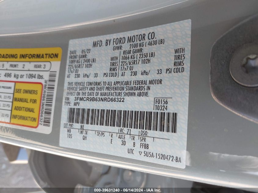 2022 Ford Bronco Sport Big Bend VIN: 3FMCR9B63NRD66322 Lot: 39631240