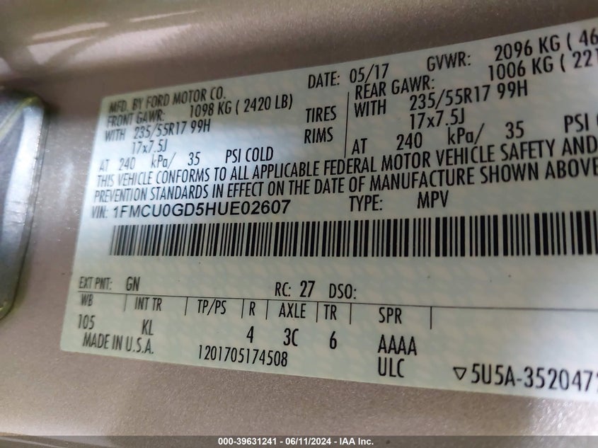 2017 Ford Escape Se VIN: 1FMCU0GD5HUE02607 Lot: 39631241