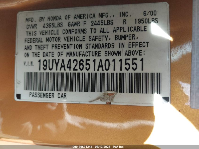 2001 Acura Cl 3.2 Type S VIN: 19UYA42651A011551 Lot: 39631244