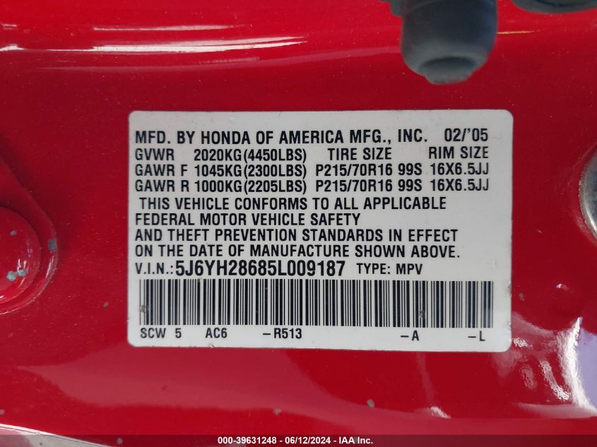 2005 Honda Element Ex VIN: 5J6YH28685L009187 Lot: 39631248