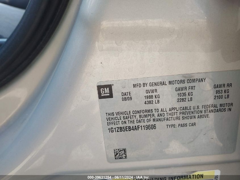 2010 Chevrolet Malibu Ls VIN: 1G1ZB5EB4AF119606 Lot: 39631254