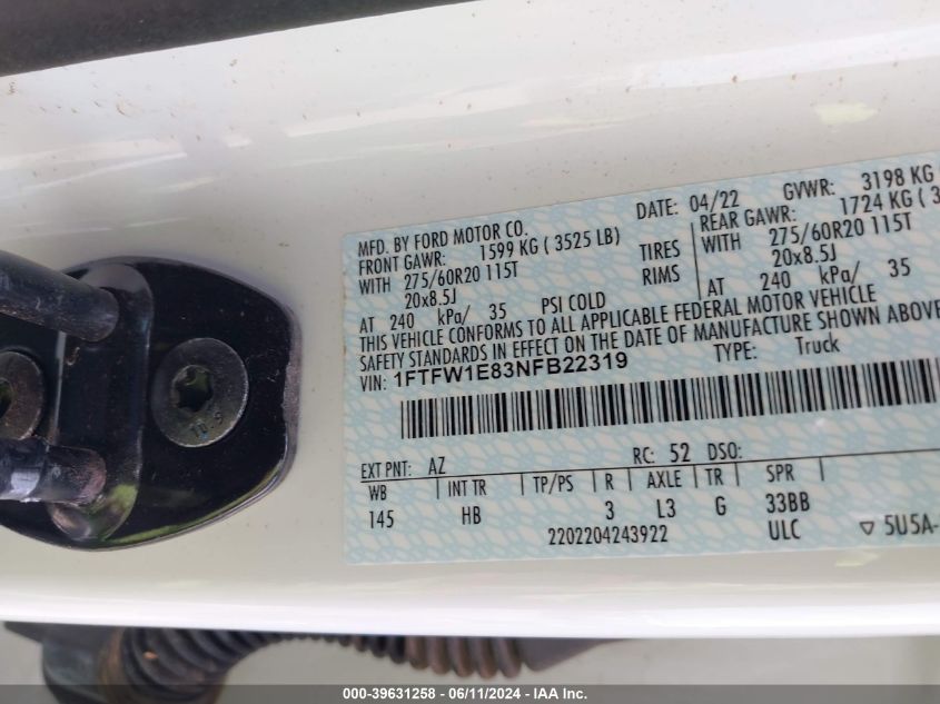 2022 Ford F-150 Lariat VIN: 1FTFW1E83NFB22319 Lot: 39631258