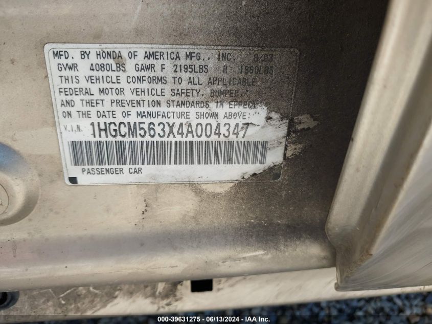 2004 Honda Accord 2.4 Lx VIN: 1HGCM563X4A004347 Lot: 39631275
