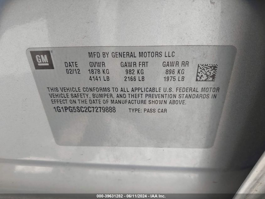 2012 Chevrolet Cruze 2Lt VIN: 1G1PG5SC2C7279888 Lot: 39631282