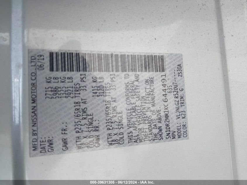 2019 Nissan Pathfinder Sl VIN: 5N1DR2MM1KC644491 Lot: 39631305