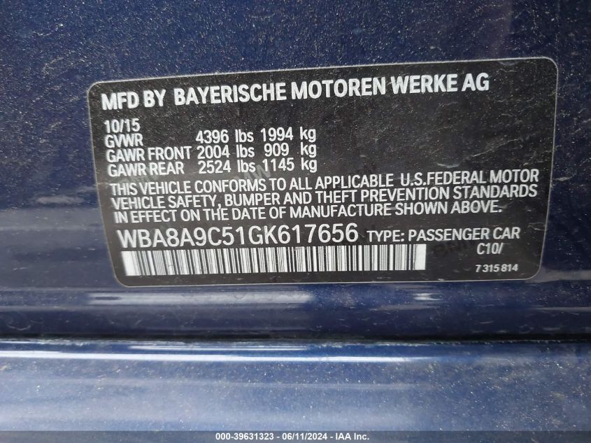 2016 BMW 320I I VIN: WBA8A9C51GK617656 Lot: 39631323