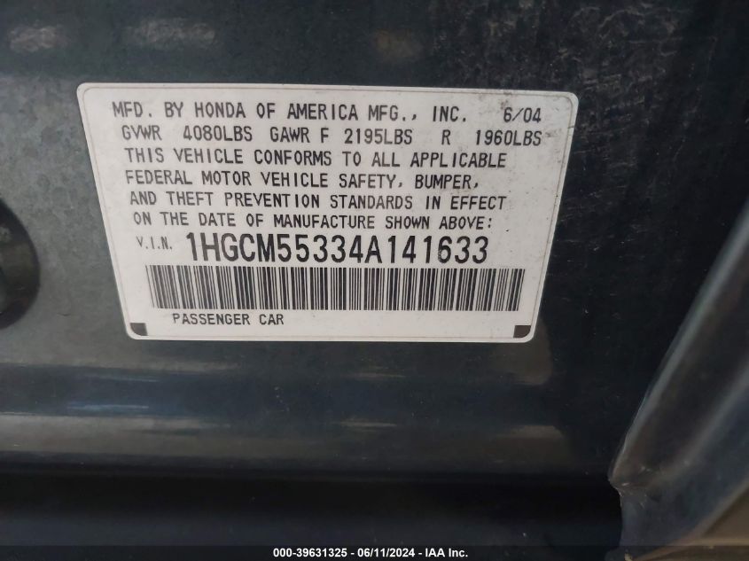 2004 Honda Accord 2.4 Lx VIN: 1HGCM55334A141633 Lot: 39631325