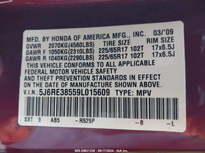 2009 Honda Cr-V Ex VIN: 5J6RE38559L015609 Lot: 39631330