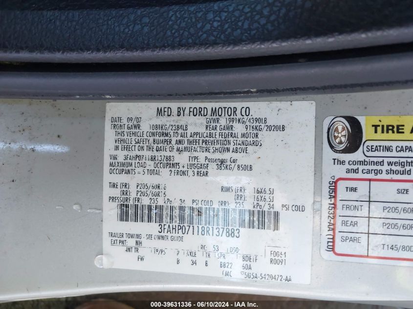 2008 Ford Fusion Se VIN: 3FAHP07118R137883 Lot: 39631336