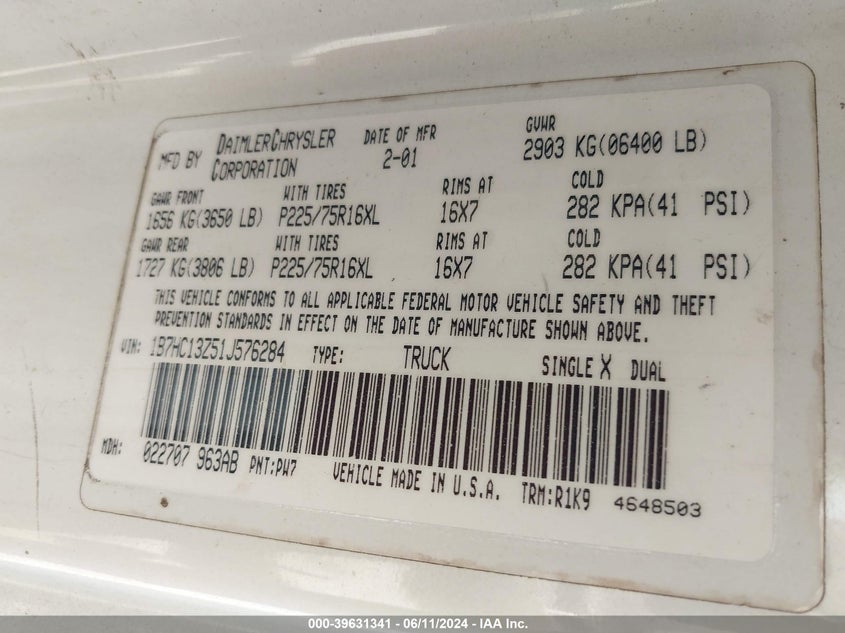 2001 Dodge Ram 1500 St VIN: 1B7HC13Z51J576284 Lot: 39631341