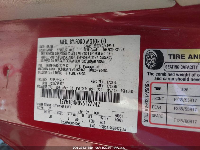 2009 Ford Mustang V6/V6 Premium VIN: 1ZVHT84N095127942 Lot: 39631350