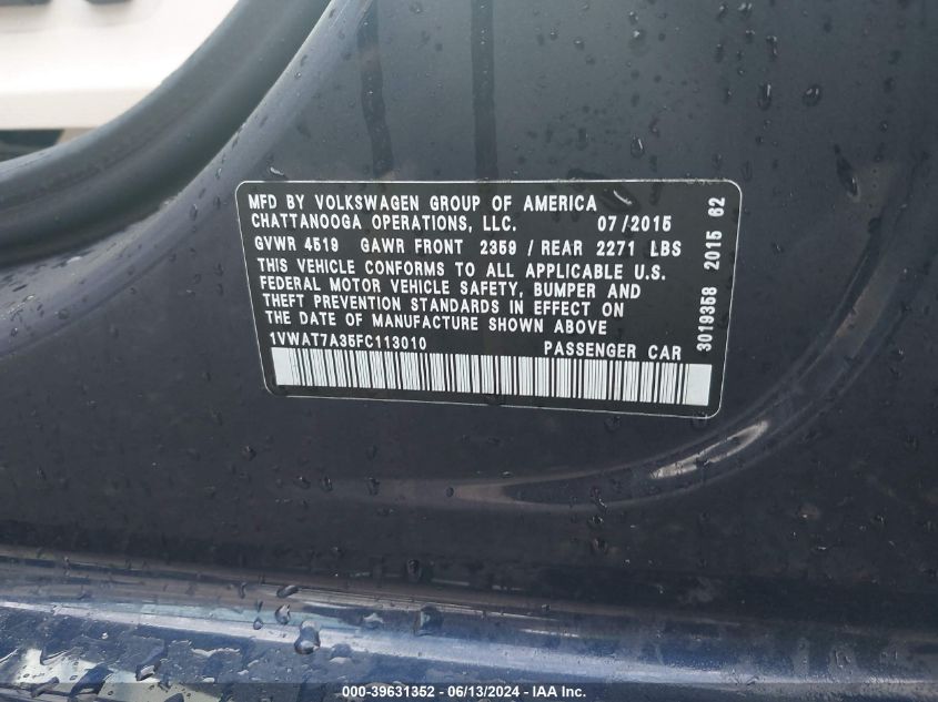 2015 Volkswagen Passat 1.8T Limited Edition VIN: 1VWAT7A35FC113010 Lot: 39631352