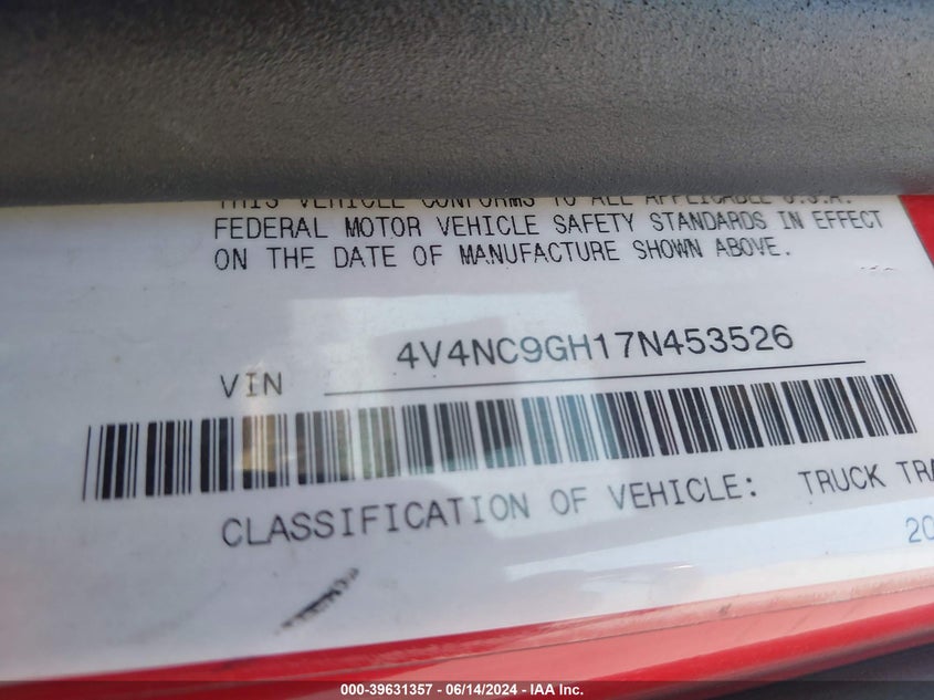 2007 Volvo Vn Vnl VIN: 4V4NC9GH17N453526 Lot: 39631357