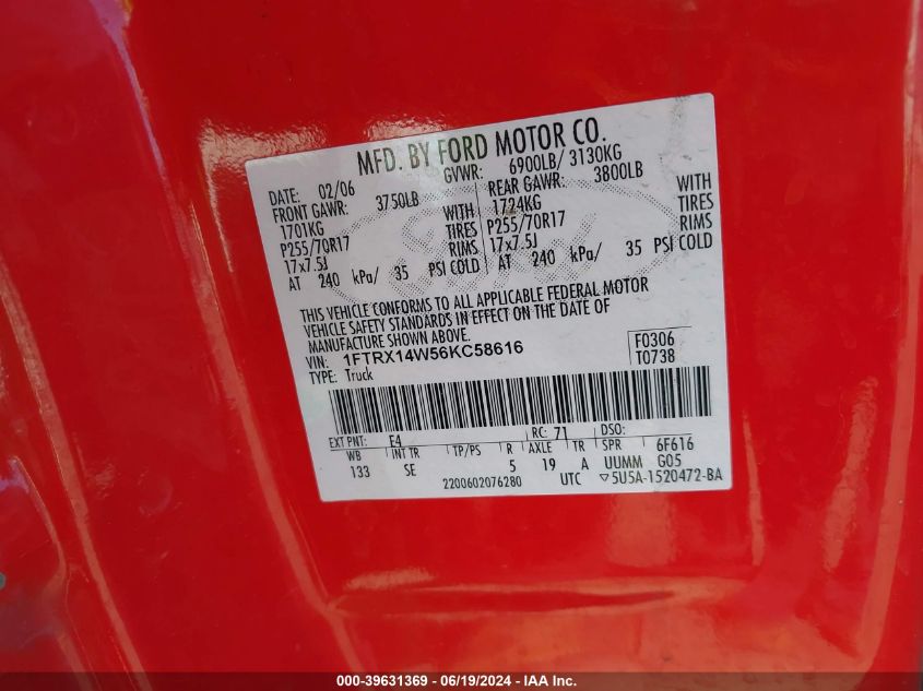 2006 Ford F-150 Stx/Xl/Xlt VIN: 1FTRX14W56KC58616 Lot: 39631369