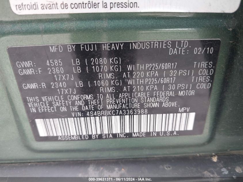 2010 Subaru Outback 2.5I Limited VIN: 4S4BRBKC7A3363988 Lot: 39631371