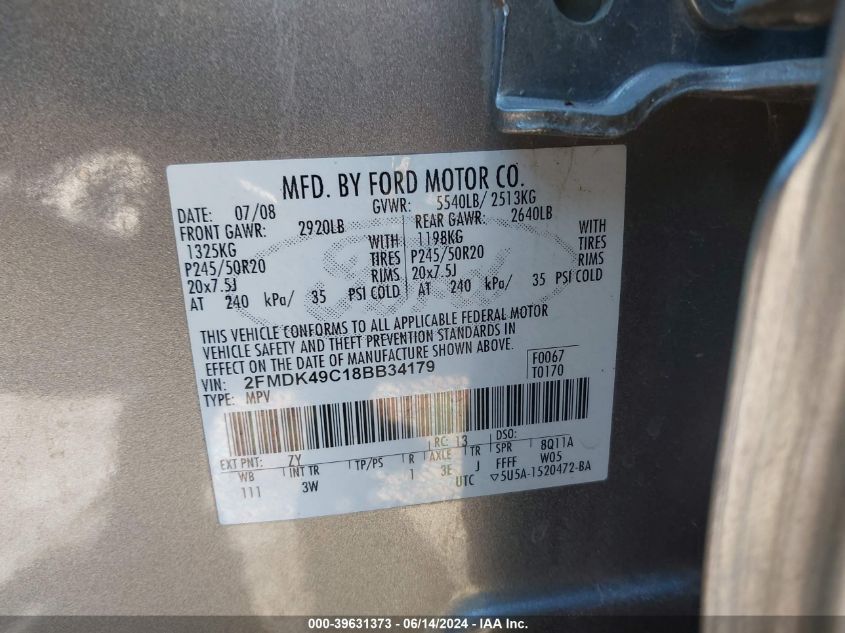 2008 Ford Edge Limited VIN: 2FMDK49C18BB34179 Lot: 39631373