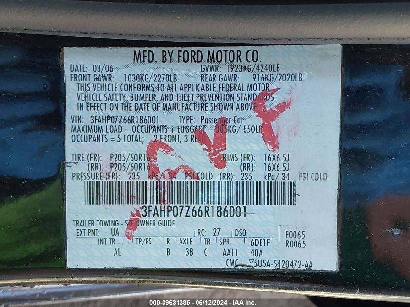 2006 Ford Fusion Se VIN: 3FAHP07Z66R186001 Lot: 39631385