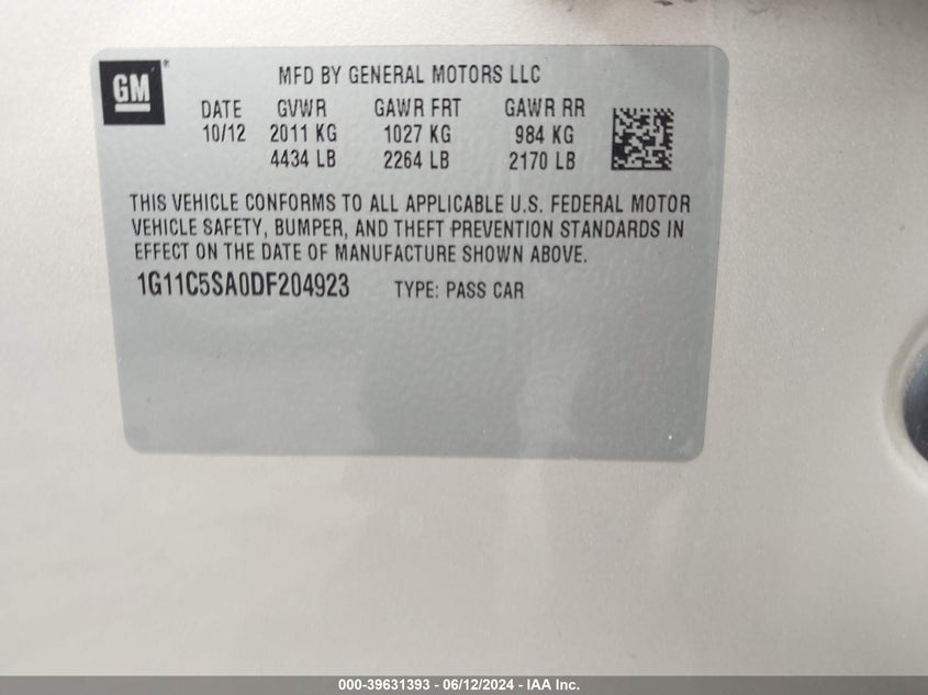2013 Chevrolet Malibu 1Lt VIN: 1G11C5SA0DF204923 Lot: 39631393