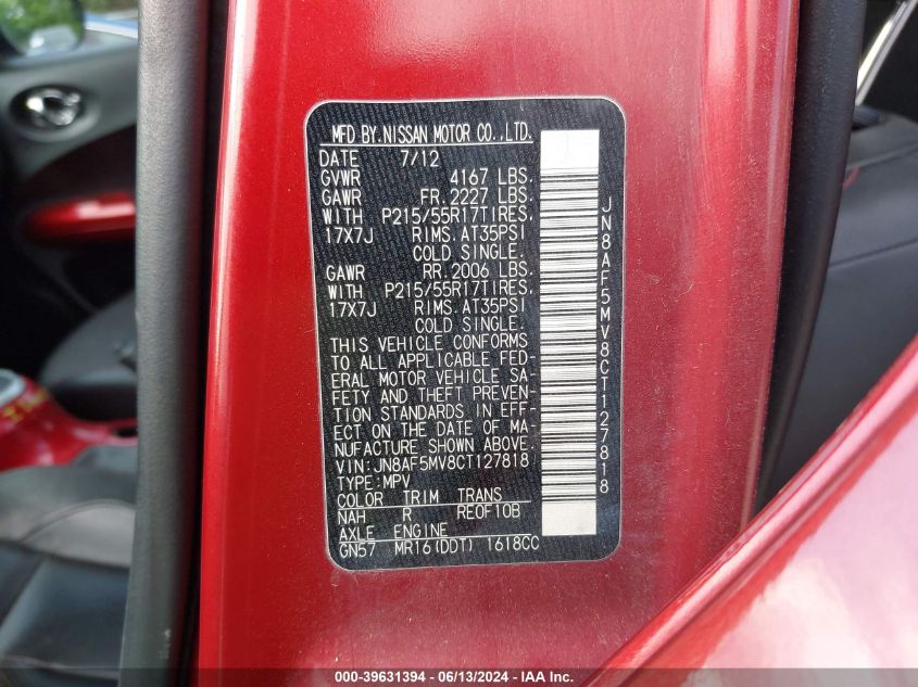 2012 Nissan Juke Sl VIN: JN8AF5MV8CT127818 Lot: 39631394