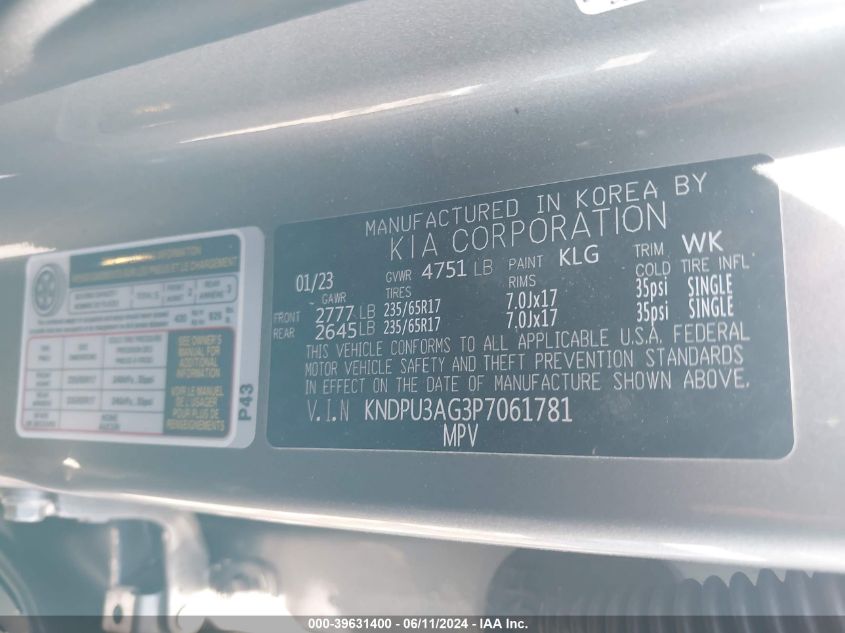 2023 Kia Sportage Hybrid Lx VIN: KNDPU3AG3P7061781 Lot: 39631400
