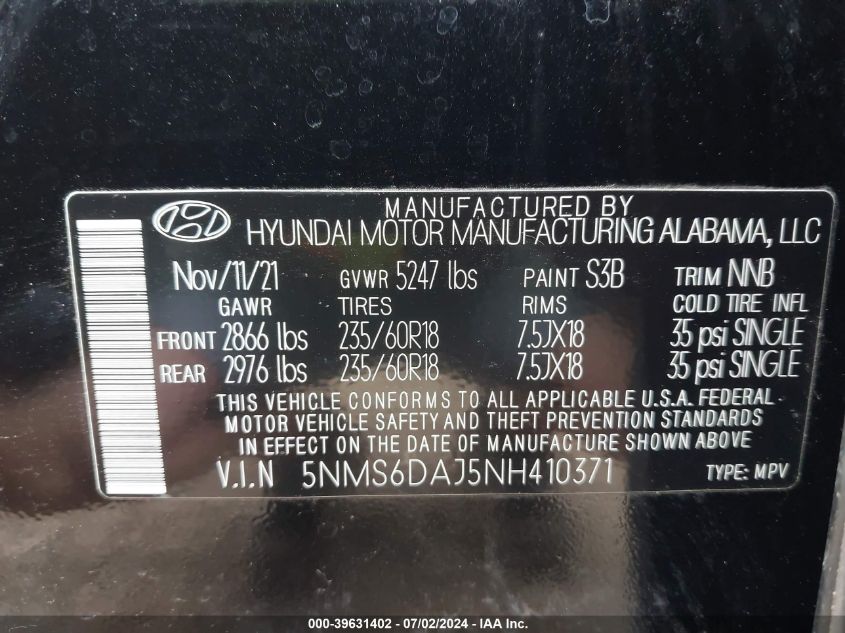 2022 Hyundai Santa Fe Xrt VIN: 5NMS6DAJ5NH410371 Lot: 39631402