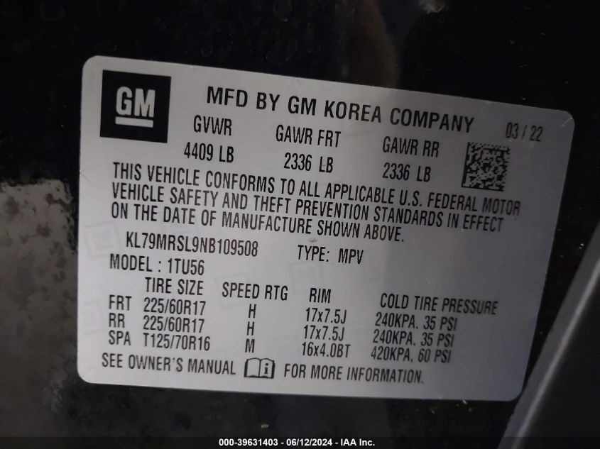 2022 Chevrolet Trailblazer Awd Lt VIN: KL79MRSL9NB109508 Lot: 39631403