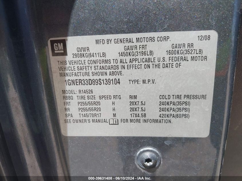 2009 Chevrolet Traverse Ltz VIN: 1GNER33D89S139104 Lot: 39631408