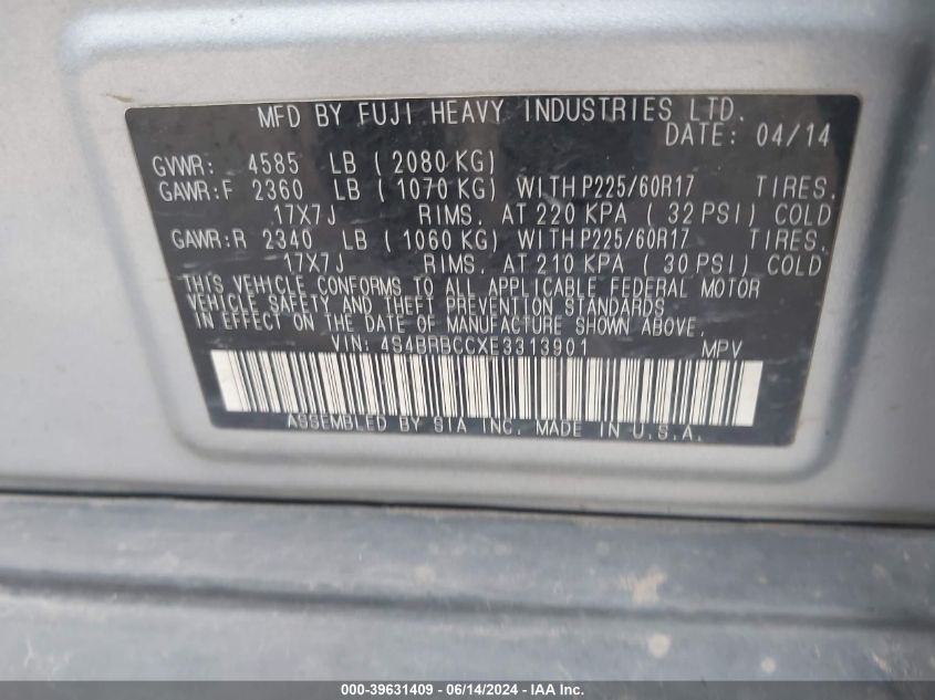 2014 Subaru Outback 2.5I Premium VIN: 4S4BRBCCXE3313901 Lot: 39631409