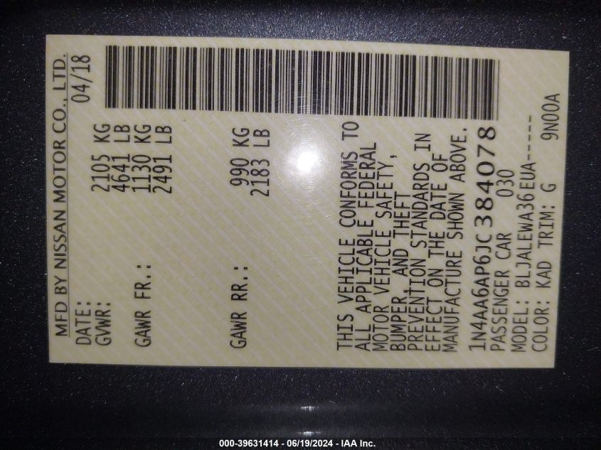 2018 Nissan Maxima 3.5 Sl VIN: 1N4AA6AP6JC384078 Lot: 39631414