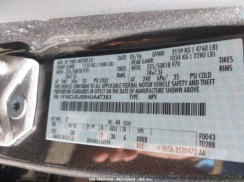 2017 Ford Escape Titanium VIN: 1FMCU0J95HUA47393 Lot: 39631416