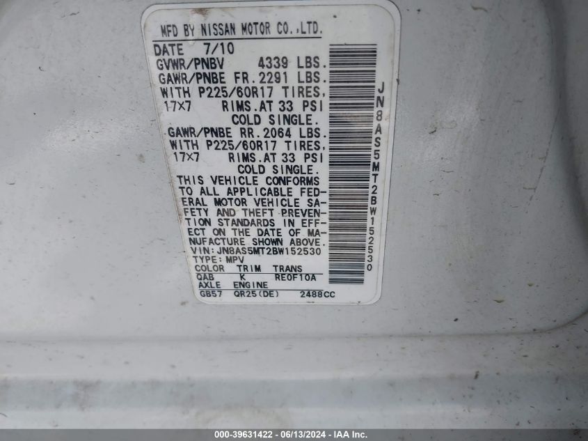 2011 Nissan Rogue Sv VIN: JN8AS5MT2BW152530 Lot: 39631422