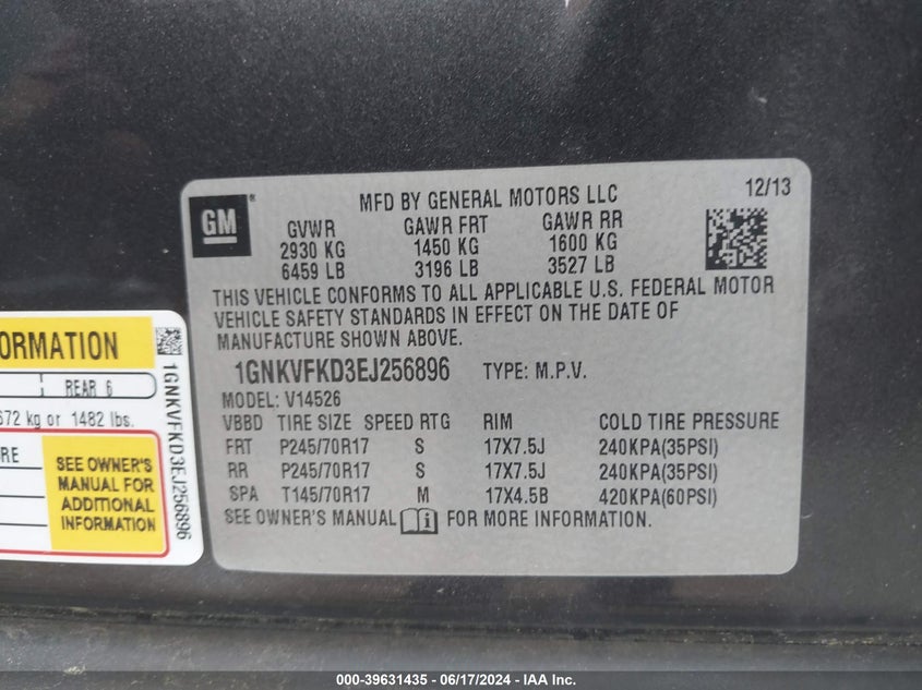 2014 Chevrolet Traverse Ls VIN: 1GNKVFKD3EJ256896 Lot: 39631435