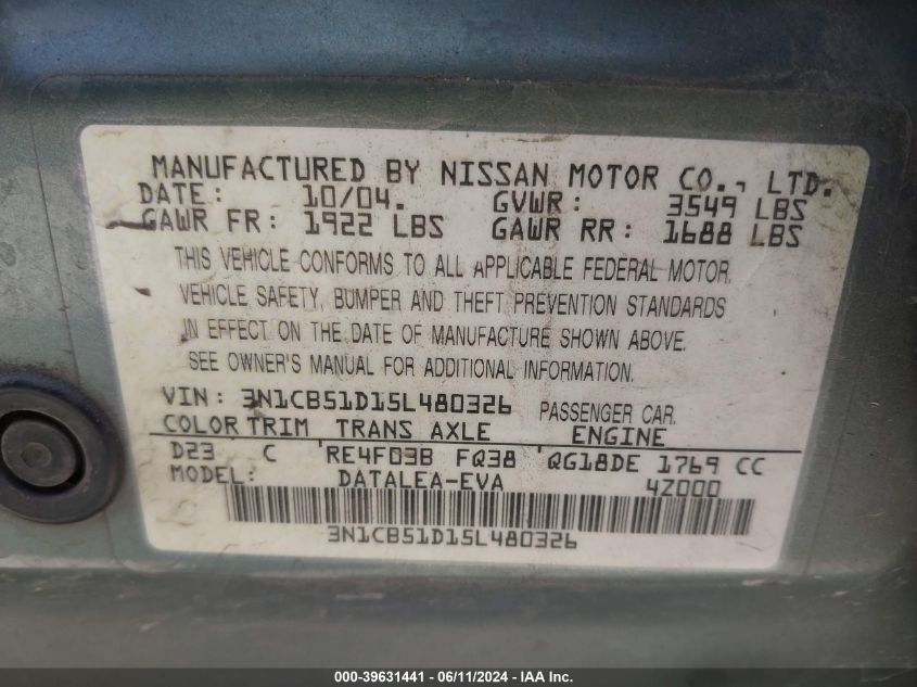 2005 Nissan Sentra 1.8S VIN: 3N1CB51D15L480326 Lot: 39631441