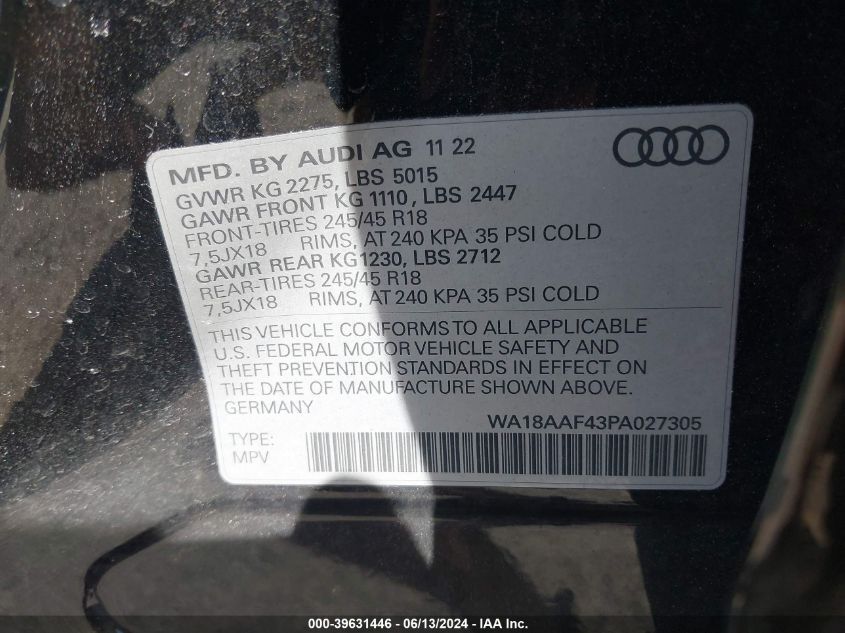 2023 Audi A4 Allroad Premium Plus 45 Tfsi Quattro S Tronic VIN: WA18AAF43PA027305 Lot: 39631446