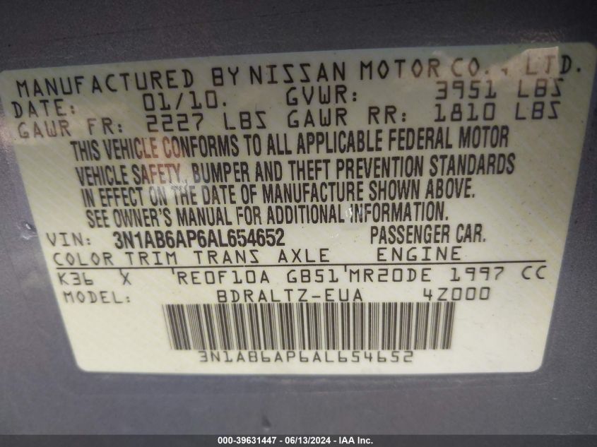 2010 Nissan Sentra 2.0S VIN: 3N1AB6AP6AL654652 Lot: 39631447