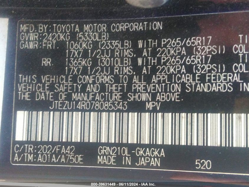 2007 Toyota 4Runner Sr5 V6 VIN: JTEZU14R078085343 Lot: 39631449