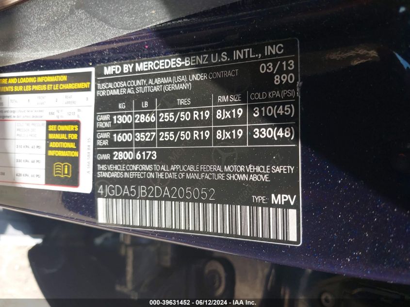 2013 Mercedes-Benz Ml 350 VIN: 4JGDA5JB2DA205052 Lot: 39631452