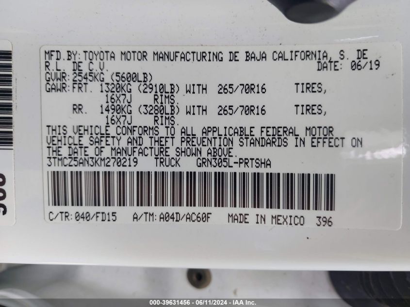 2019 Toyota Tacoma Trd Off Road VIN: 3TMCZ5AN3KM270219 Lot: 39631456